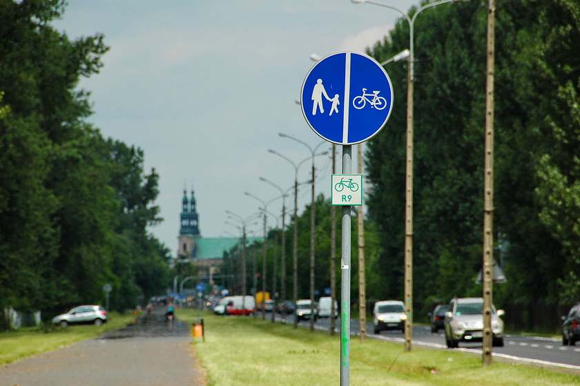 „Tabliczka trasy rowerowej R-9 w Poznaniu” autorstwa Iwona Hildebrandt - twórczość autora.   Licencja CC BY-SA 3.0 na podstawie Wikimedia Commons